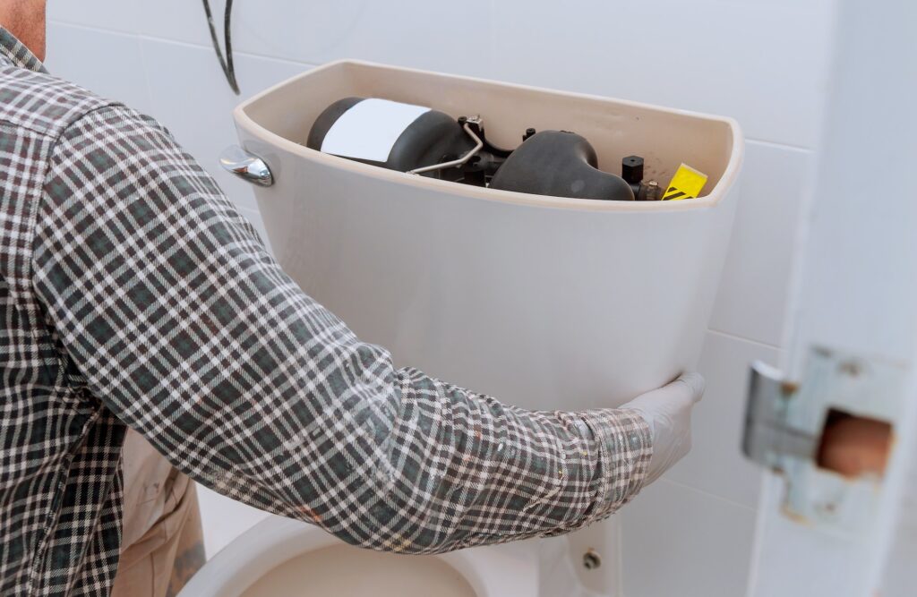 Repairing man working with toilet tank in bathroom, closeup